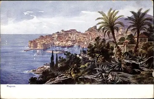 Künstler Ak Perlberg, F., Ragusa Dubrovnik Kroatien, Stadtansicht, Palmen
