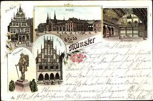 Litho Münster in Westfalen, Bahnhof, alte Wache, Rathaussaal, Rathaus