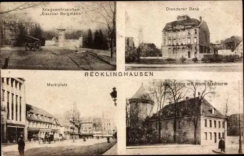 Ak Recklinghausen im Ruhrgebiet, Eiserner Bergmann, Dresdner Bank, Markt, Burg, Stadtturm