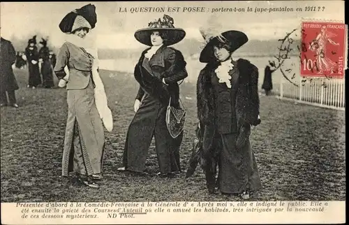 Ak La Question est posee, porteta-t-on la jupe pantalon en 1911, Courses d'Auteuil