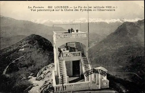 Ak Lourdes Hautes Pyrénées, Le Pic du Jer, Vue panoramique sur la Chaine des Pyrenees