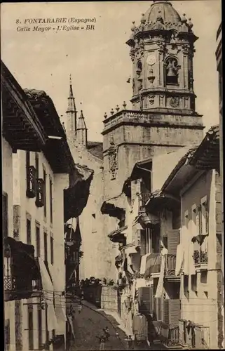 Ak Hondarribia Fuenterrabia Baskenland, Calle Mayor, L'Eglise