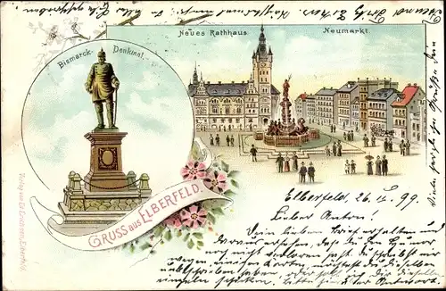 Litho Elberfeld Wuppertal, Neues Rathaus, Neumarkt, Bismarck-Denkmal