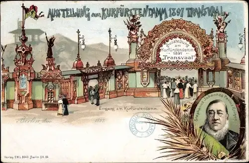 Litho Berlin Charlottenburg, Ausstellung Transvaal 1897, Kruger, Eingang am Kurfürstendamm