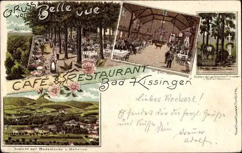 Litho Bad Kissingen Unterfranken Bayern, Cafe und Restaurant Belle Vue, Gräber gefallener Preußen