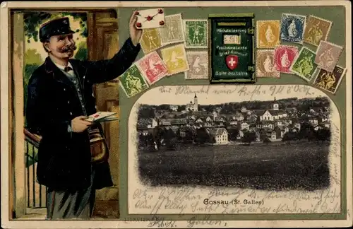 Briefmarken Passepartout Ak Gossau Kanton Sankt Gallen, Gesamtansicht, Postbeamter