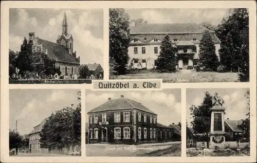 Ak Quitzöbel in der Prignitz, Kirche, Schloss, Kriegerdenkmal, Gasthaus Karl Sonnemann, Schule