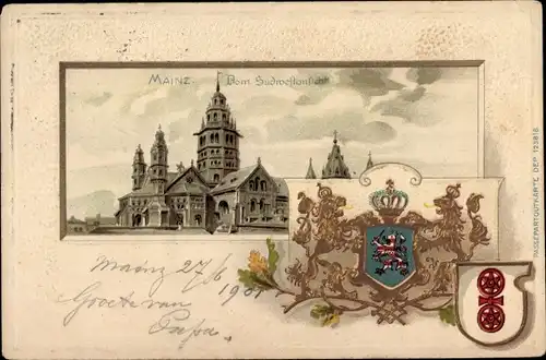 Präge Wappen Passepartout Litho Mainz am Rhein, Dom, Südwestansicht