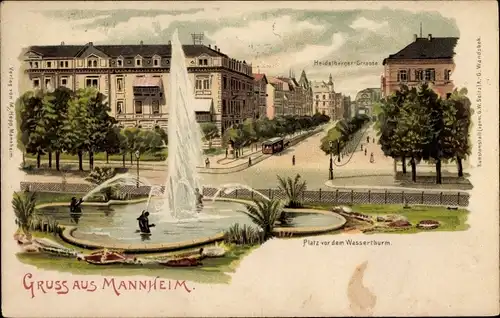 Litho Mannheim in Baden, Platz vor dem Wasserturm, Heidelberger Straße