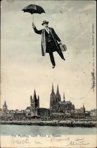 Ak Köln am Rhein, Altstadt, Dom, fliegender Mann mit Schirm