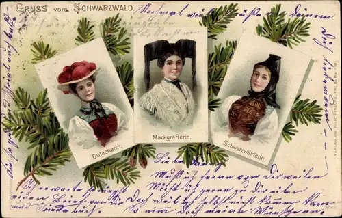 Litho Gruß vom Schwarzwald, Frauen in Trachten, Gutacherin, Markgräflerin, Schwarzwälderin