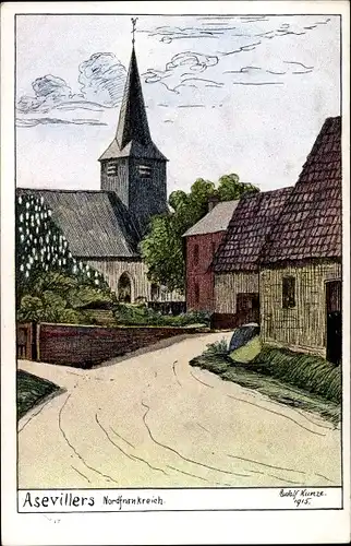 Künstler Ak Kunze, Asevillers Somme, Straßenpartie mit Kirche