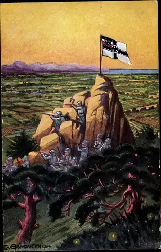 Künstler Ak Baumgarten E. v., Beobachtungsposten vor Tsingtau, Soldaten, Fahne, Kolonialkriegerdank