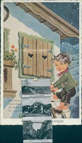 Leporello Ak Schwangau im Ostallgäu, Junge beim Fensterln, Marienbrücke, Ortsansichten