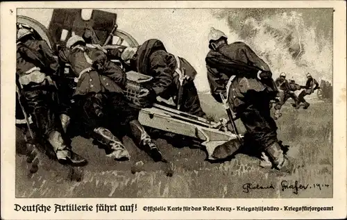 Künstler Ak Strasser, Roland, Deutsche Artillerie fährt auf, Rotes Kreuz, Kriegsfürsorge