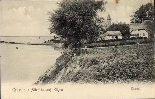 Ak Altefähr auf Rügen, Strand, Kirche, Reetdachhäuser
