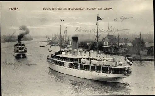 Ak Szczecin Stettin Pommern, Hafen, Ausfahrt der Rüdendampfer Hertha und Odin