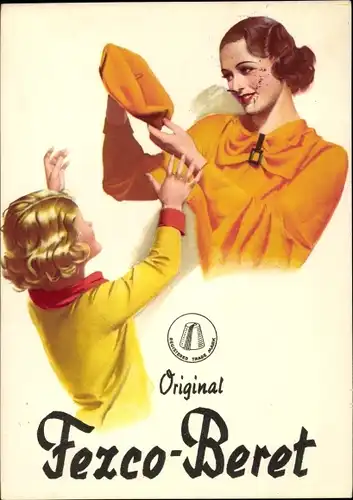 Ak Reklame Original Fezco Beret, Frau, Mädchen, Mütze