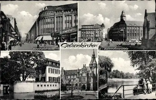 Ak Gelsenkirchen, Bahnhofstraße, Vorplatz, Schloss Berge, Rathaus, Stadtgarten