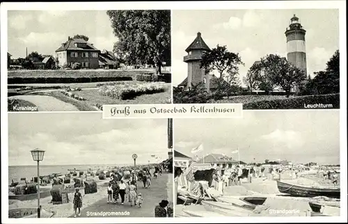 Ak Ostseebad Kellenhusen in Holstein, Kuranlage, Leuchtturm, Strandpromenade, Strand