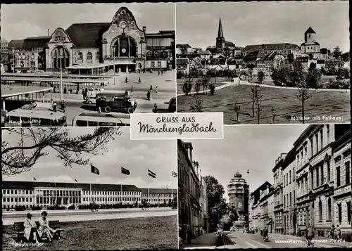 Ak Mönchengladbach am Niederrhein, Hauptbahnhof, Münster mit Rathaus, Wasserturm