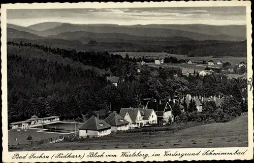 Ak Bad Sachsa im Harz, Gesamtansicht, Blick vom Warteberg, Schwimmbad