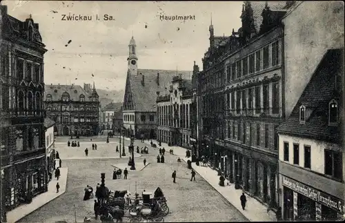 Ak Zwickau in Sachsen, Hauptmarkt, Geschäfte und Passanten