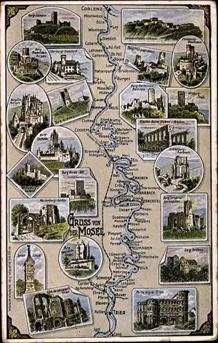 Landkarten Ak Bullay an der Mosel, Verlauf der Mosel von Koblenz bis Trier, Sehenswürdigkeiten