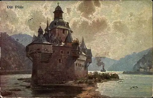 Künstler Ak Caub Kaub am Rhein, Burg Pfalzgrafenstein, Pfalz