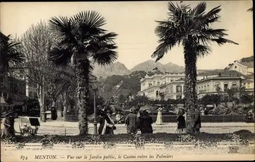 Ak Menton Alpes Maritimes, Vue sur le Jardin public, le Casino entre les Palmiers