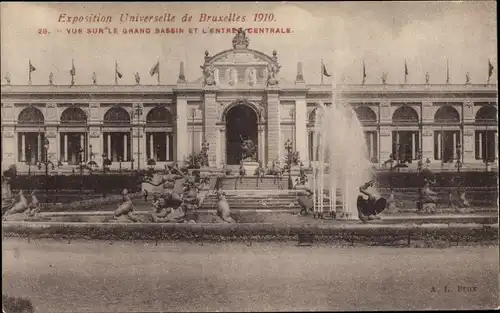 Ak Exposition Universelle de Bruxelles 1910, Vue sur le Grand Bassin et l'Entree Centrale