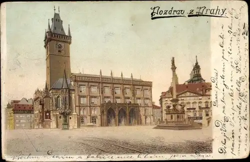 Litho Praha Prag Tschechien, Stadtansicht, Kirche, Platz, Monument