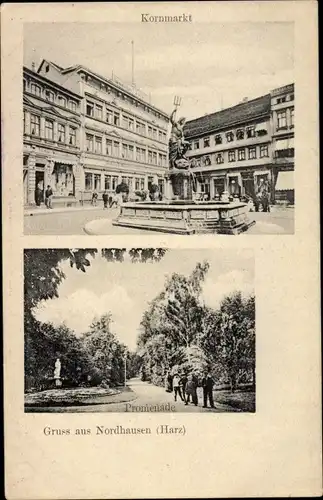 Ak Nordhausen am Harz, Kornmarkt, Brunnen, Promenade