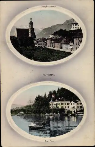 Präge Passepartout Ak Hohenau, Kirchstraße, Kirche, Am See, Gebirgslandschaft