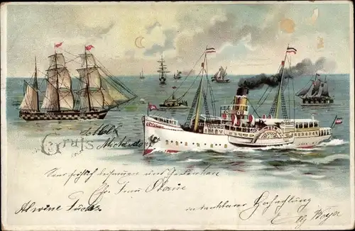 Litho Dampfer und Segelschiffe auf See