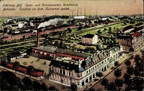 Ak Bohumín Oderberg Region Mährisch Schlesien, Bahnhof, Drahtwerk, Spar- und Konsumverein