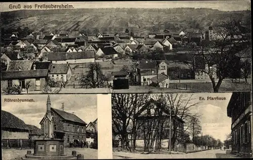 Ak Freilaubersheim Frei Laubersheim in Rheinhessen, Gesamtansicht, Röhrenbrunnen, Ev. Pfarrhaus