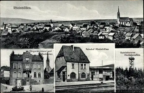 Ak Rheinböllen im Hunsrück, Bürgermeisterei, Marktplatz, Bahnhof, Aussichtsturm Hochsteinchen