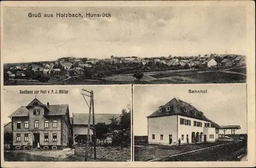 Ak Holzbach im Hunsrück, Gesamtansicht, Gasthaus zur Post, Bahnhof