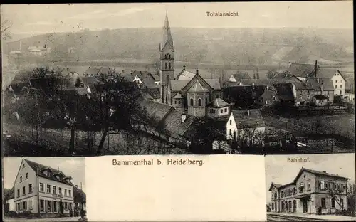 Ak Bammental in Baden, Gesamtansicht, Kirche, Geschäftshaus, Bahnhof