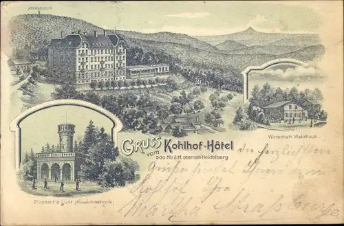 Litho Heidelberg am Neckar, Kohlhof Hotel, Wirtschaft Waldhaus, Aussichtsturm Posseits Lust