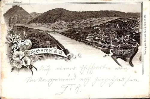 Litho Neckargemünd am Neckar, Panorama, Dilsberg