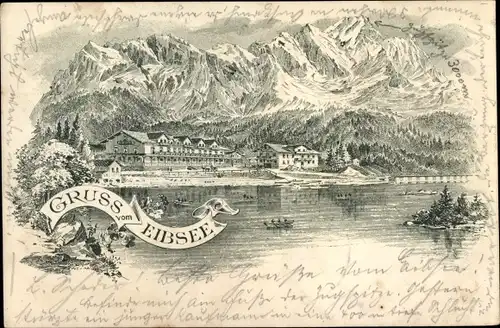 Litho Grainau in Oberbayern, Eibsee, Hotel, Zugspitze