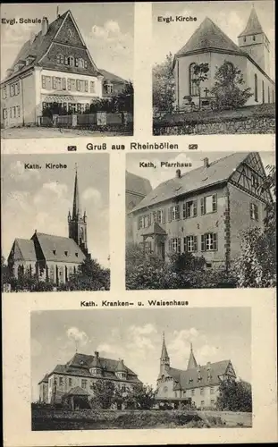 Ak Rheinböllen im Hunsrück, Ev. Schule, Ev. Kirche, Kath. Kirche, Pfarrhaus, Krankenhaus, Waisenhaus