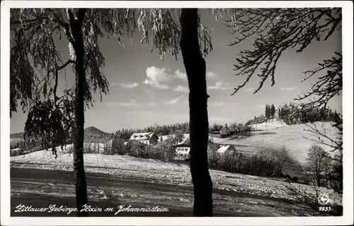 Ak Hain Hayn Oybin Oberlausitz, Gesamtansicht mit Johannisstein, Zittauer Gebirge im Winter