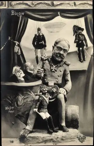 Ak Kaiser Wilhelm I. und II als Marionetten, französische Politiker im Publikum, Karikatur, Plastik