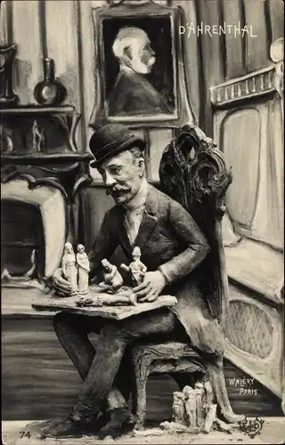 Ak D'Ahrenthal, Plastik, Mann mit Spielzeugfiguren