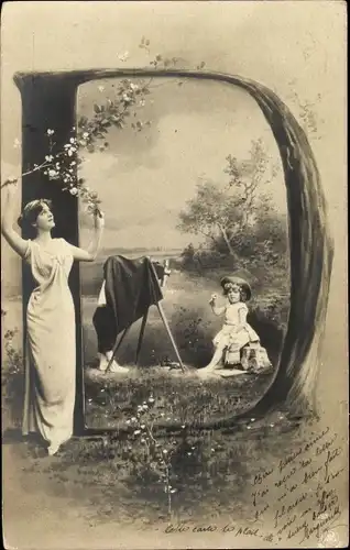 Buchstaben Ak D, Junge mit Fotoapparat, Mädchen, Frau