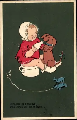 Präge Litho Kind auf einem Nachttopf gibt Dackel die Flasche