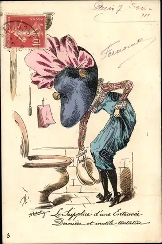 Künstler Ak Le Supplice d'une Entravee, Frau mit großem Hut, Nachttopf, Toilette